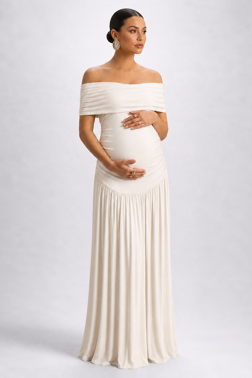 Long Maternity Dress with Off-Shoulder Design for Pregnancy