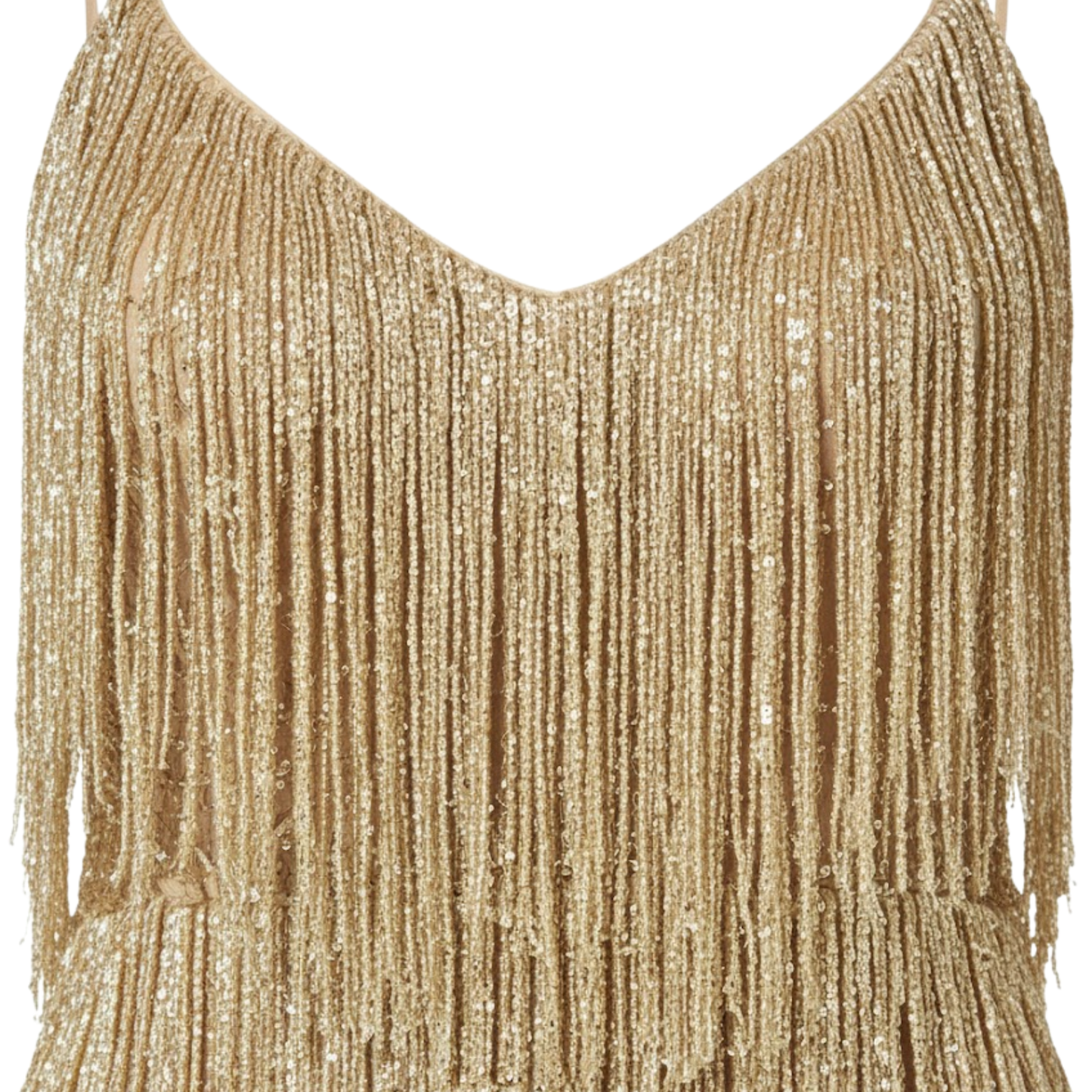 Evening gown with sequins and feathers, V-neckline, and thin straps