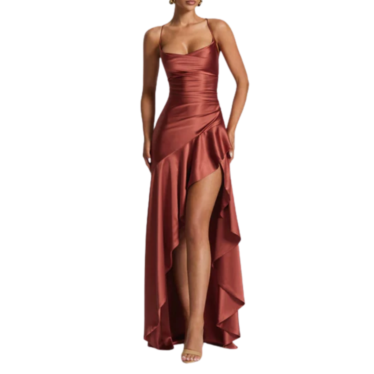Women's long dress — satin with asymmetrical hem and ruffles | chic evening