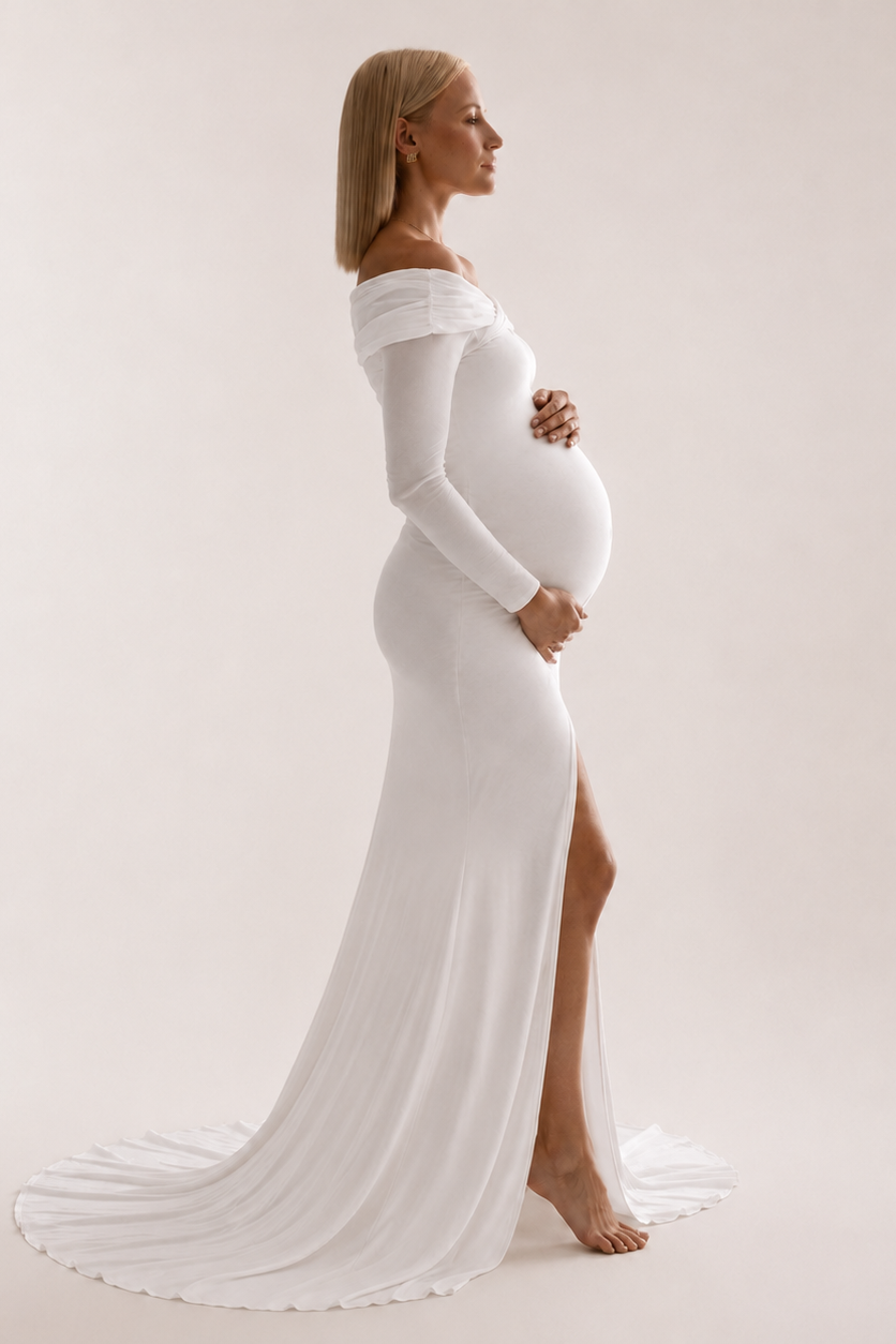 Long Cotton Maternity Dress with Off-Shoulder Shoulder Pads