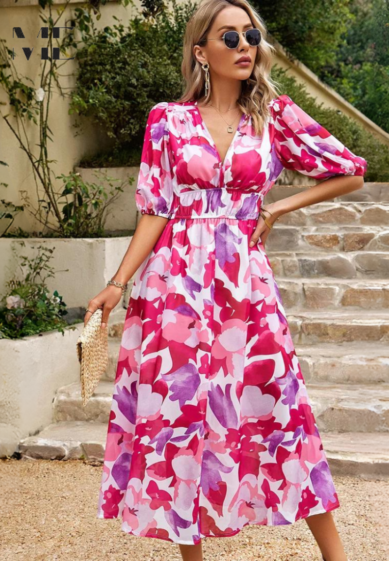 Printed dress for women - flared mid-length model with elastic waist - cocktail