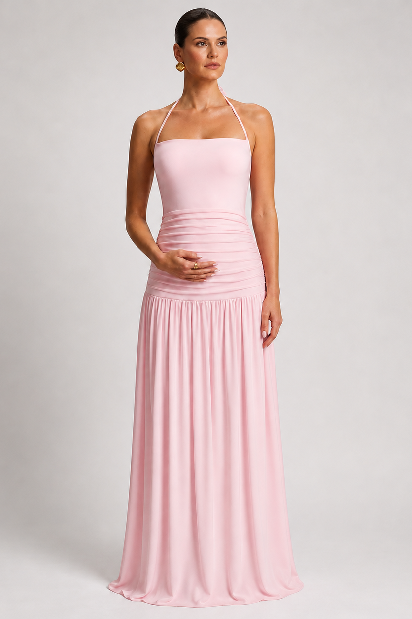 Long Pleated Maternity Dress with Open Back