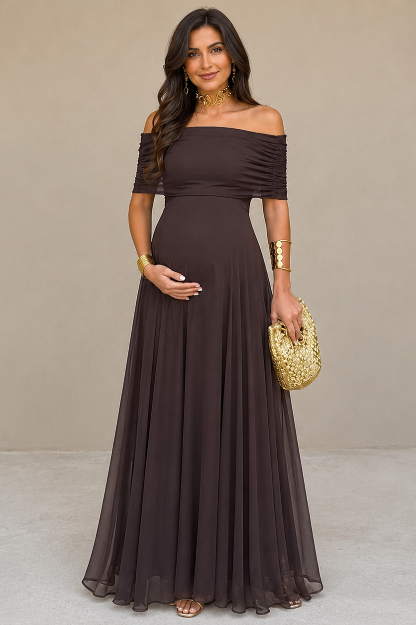 Long Maternity Dress with Off-the-Shoulder Design