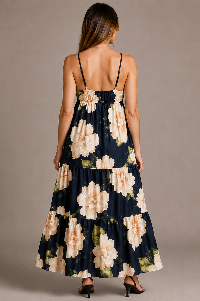Long Floral Maternity Dress with V-Neck and Open Back