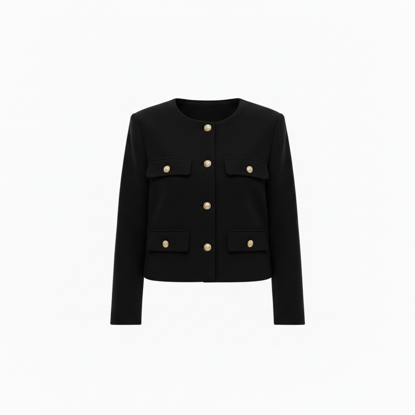 Polyester Round Neck Jacket with Gold Buttons and Pockets for Women