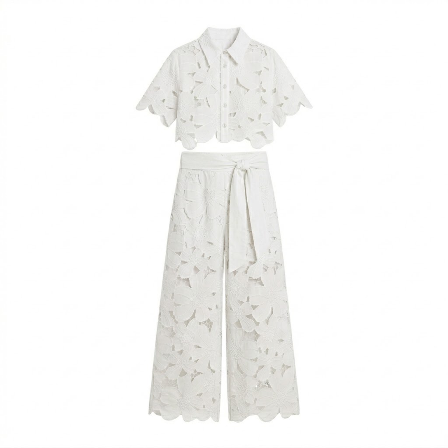 Women's Two-Piece Set with Lace Crop Top and Wide-Leg Pants