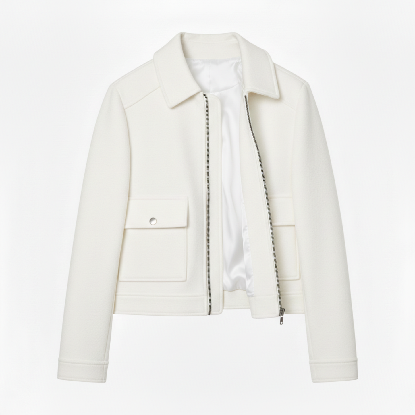 Short Polyester Jacket with Turn-Down Collar and Zipper Closure for Women