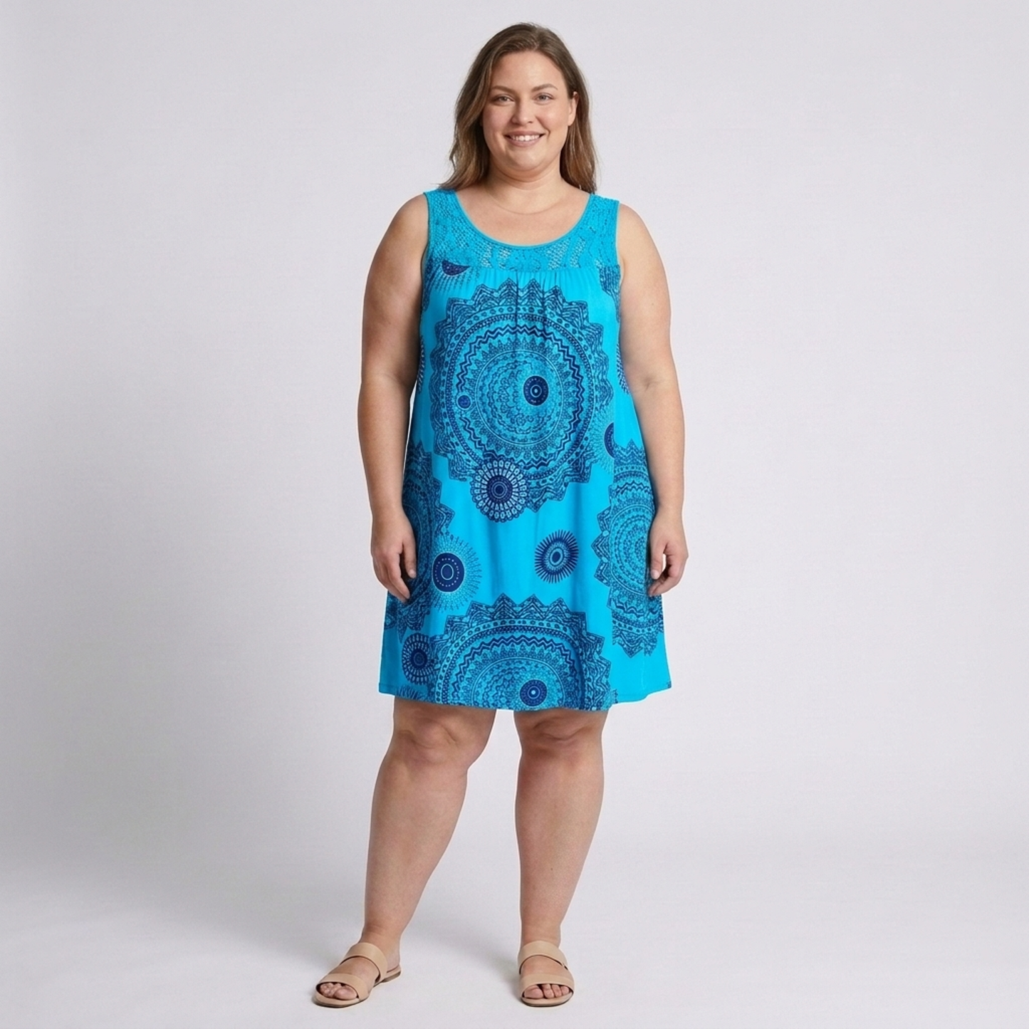 Plus Size Women's Summer Dress in Vintage Printed Cotton with Lace Details