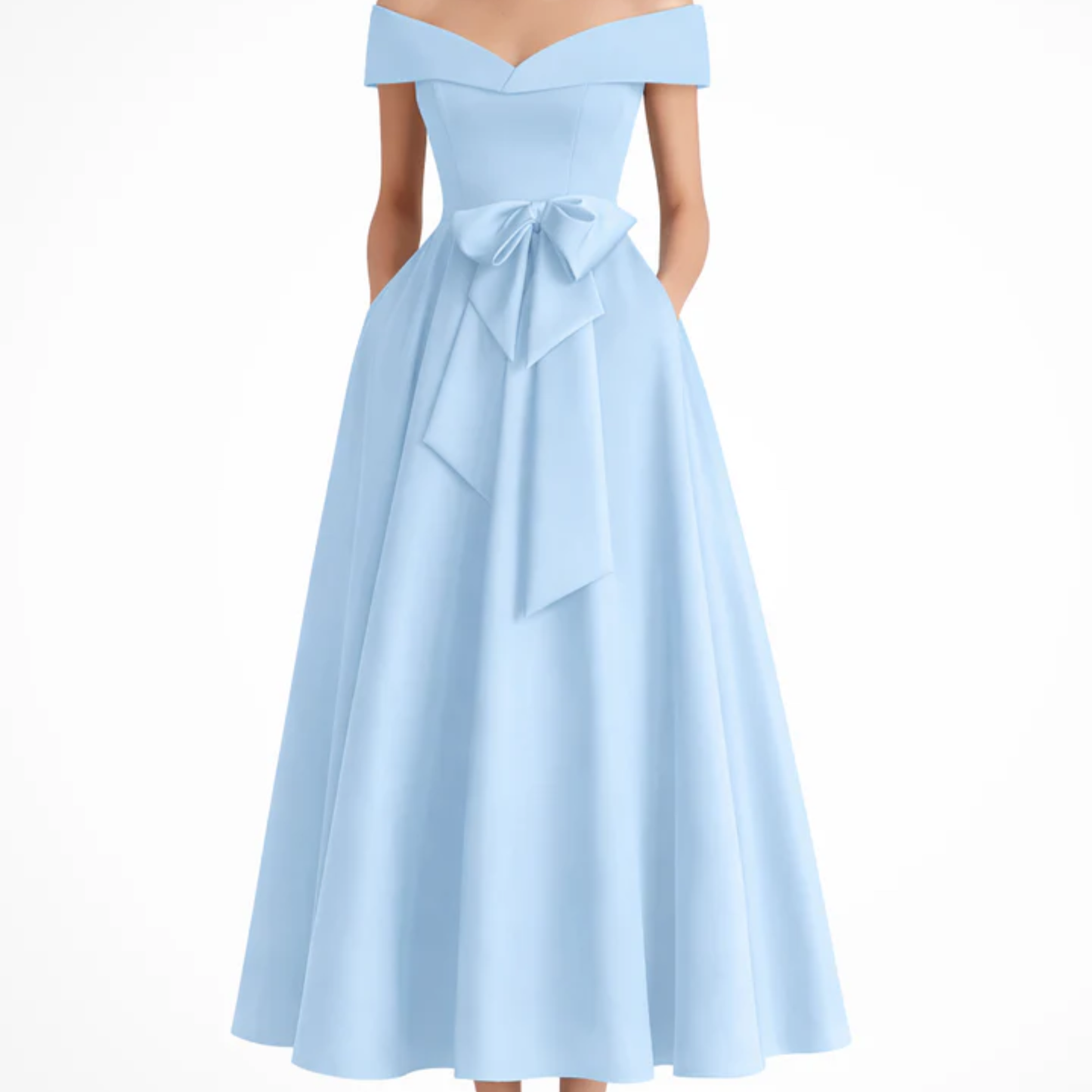 Midi Flared Wedding Guest Dress with Off-Shoulder and Waist Bow