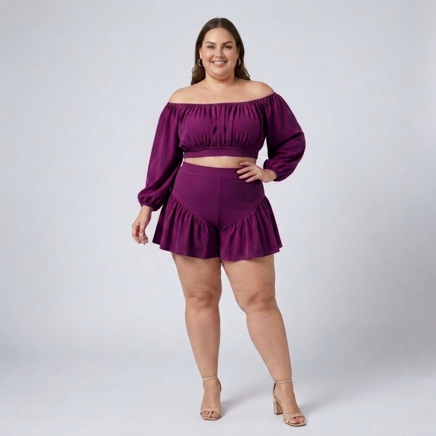 Plus size off-shoulder top and ruffled shorts set