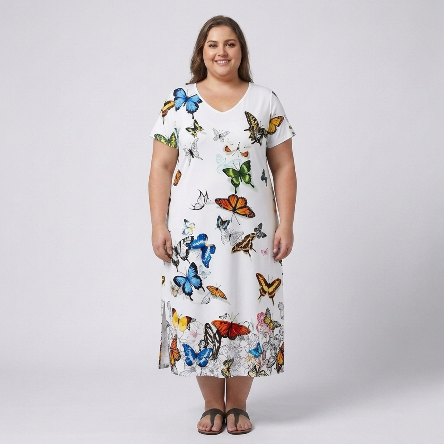 Plus size long dress for women with printed V-neck collar