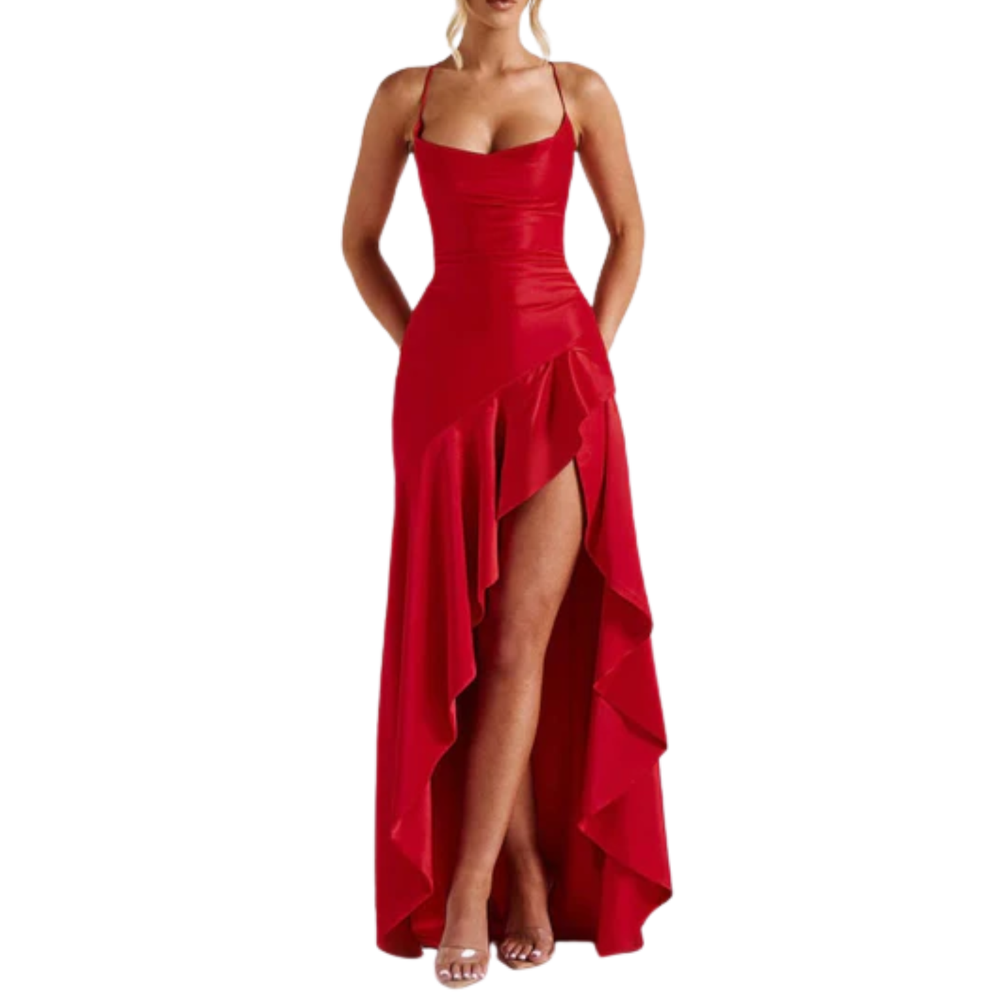 Women's long dress — satin with asymmetrical hem and ruffles | chic evening