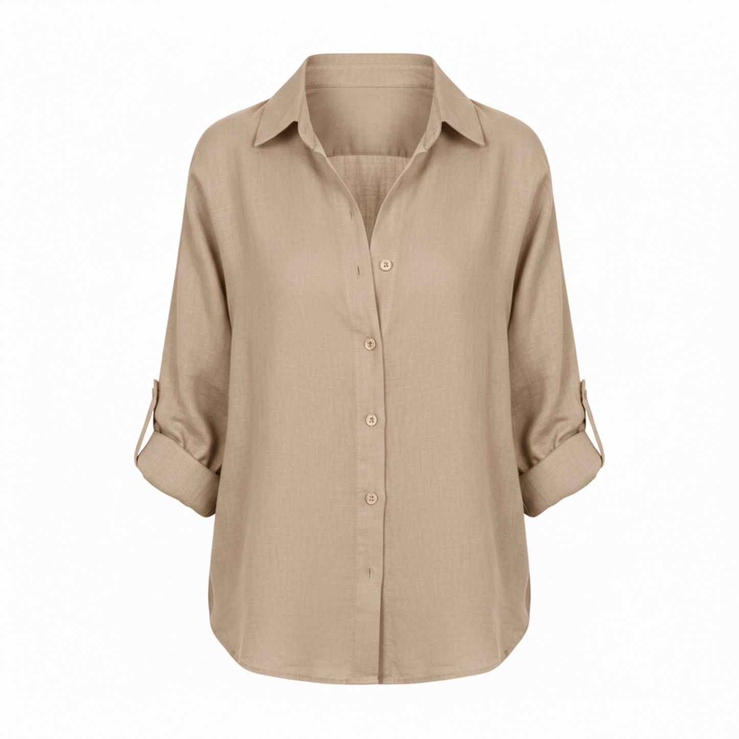 Loose casual button-up shirt for women with three-quarter sleeves and split neckline
