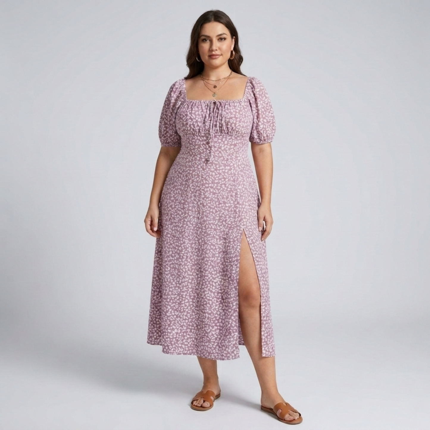 Plus size long dress with puff sleeves and print