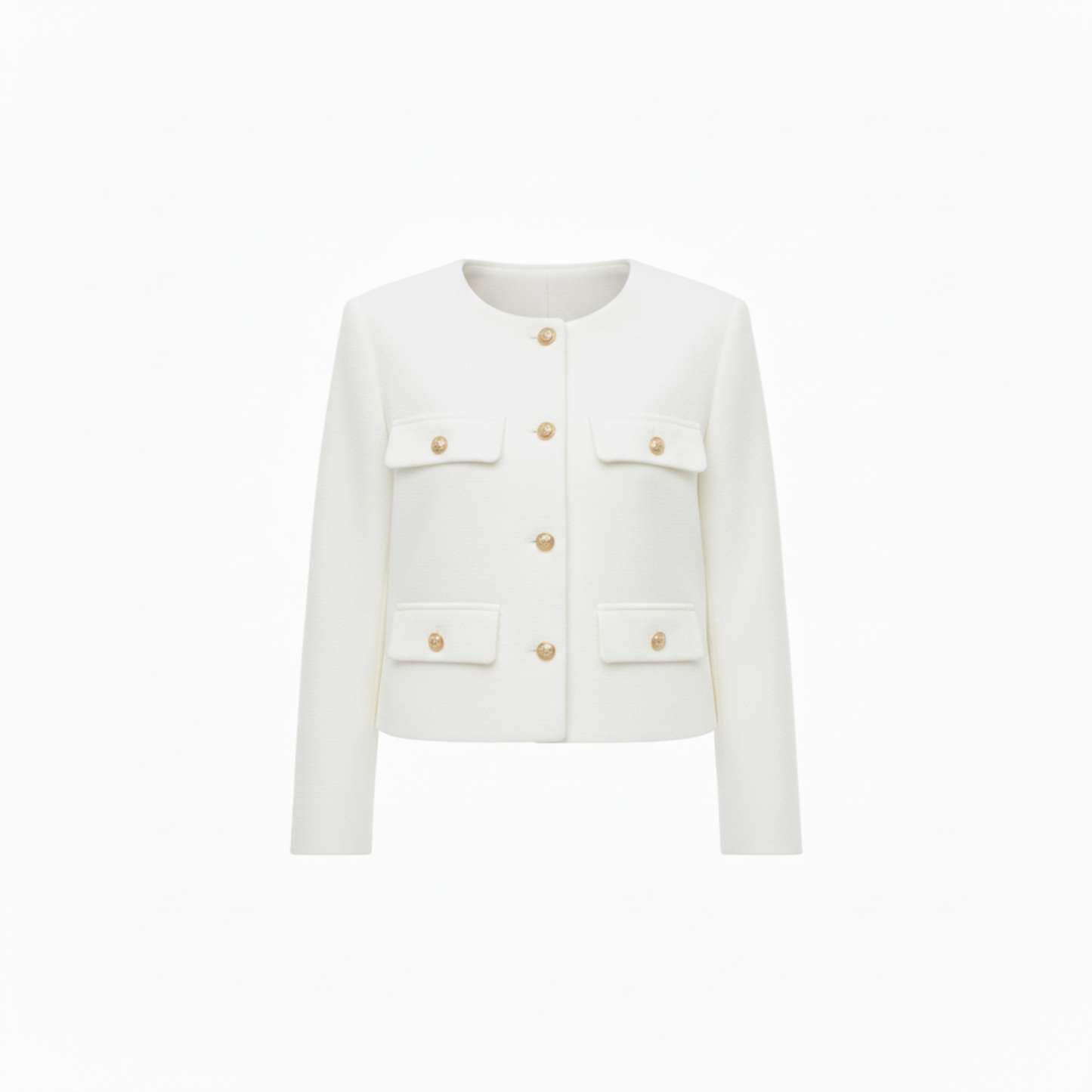 Polyester Round Neck Jacket with Gold Buttons and Pockets for Women