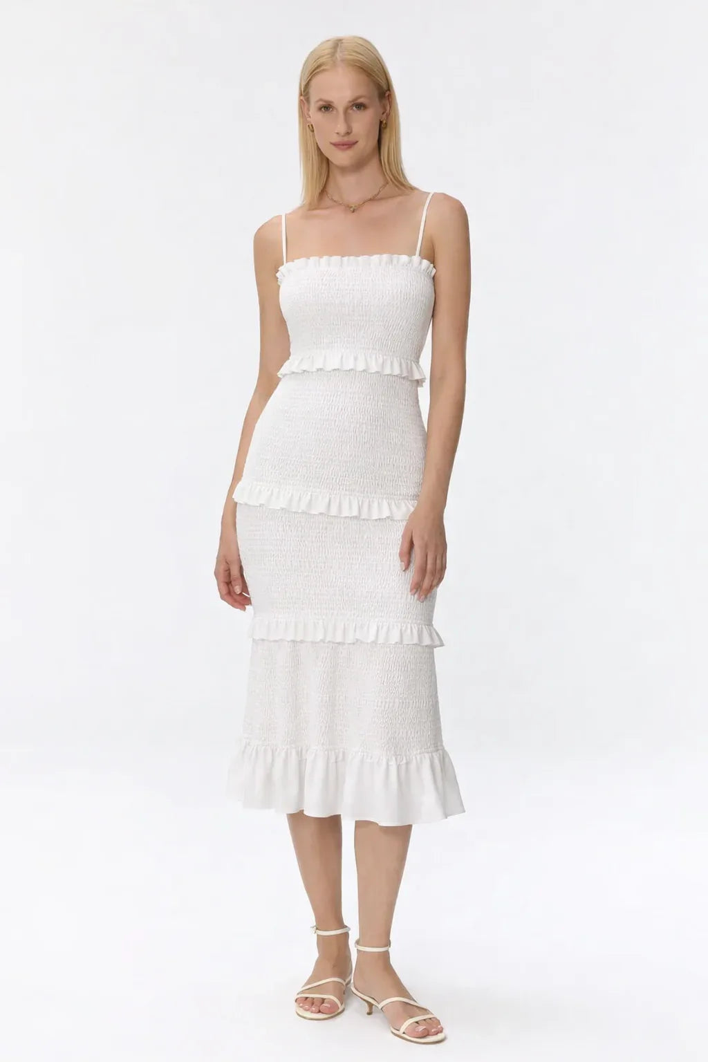Midi maternity smocked dress with ruffles