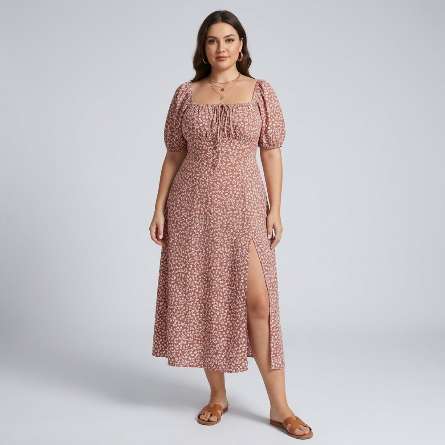 Plus size long dress with puff sleeves and print