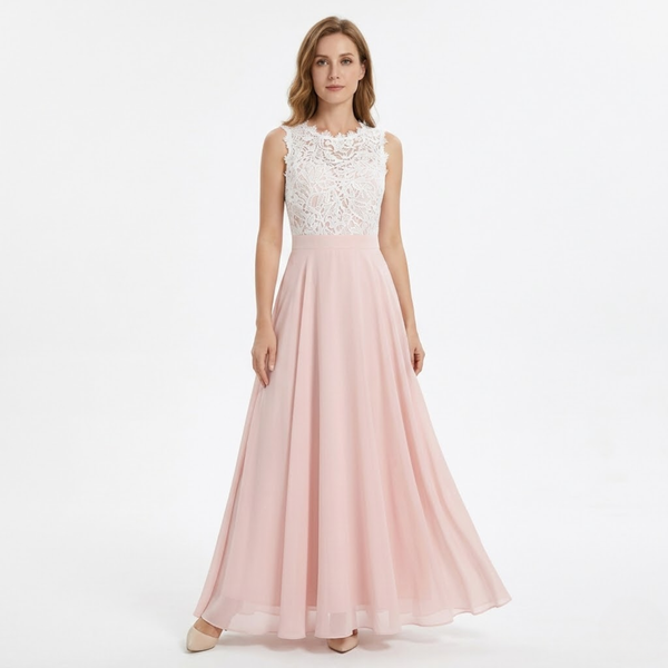 Sleeveless Long Evening Dress in Lace and Chiffon with Crocheted Bodice