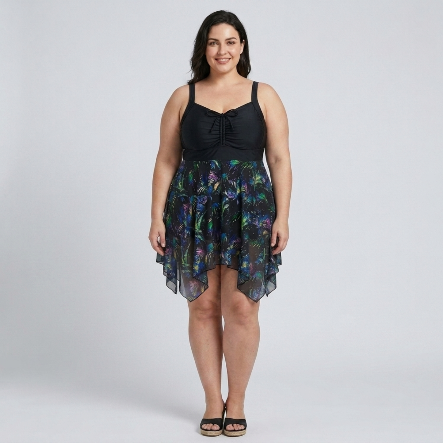 Plus Size Women's Swimsuit Dress with Printed Integrated Skirt