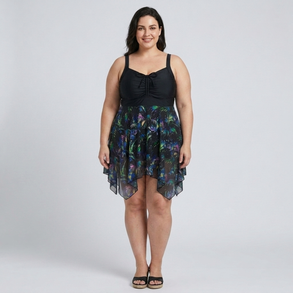 Plus Size Women's Swimsuit Dress with Printed Integrated Skirt