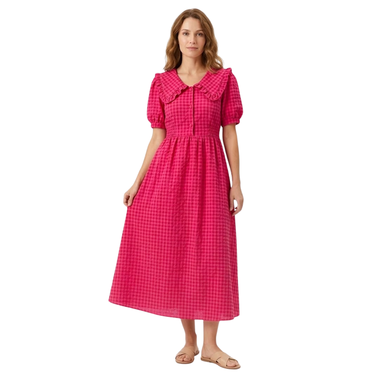 Long Plaid Dress with Peter Pan Collar and Puff Sleeves for Women