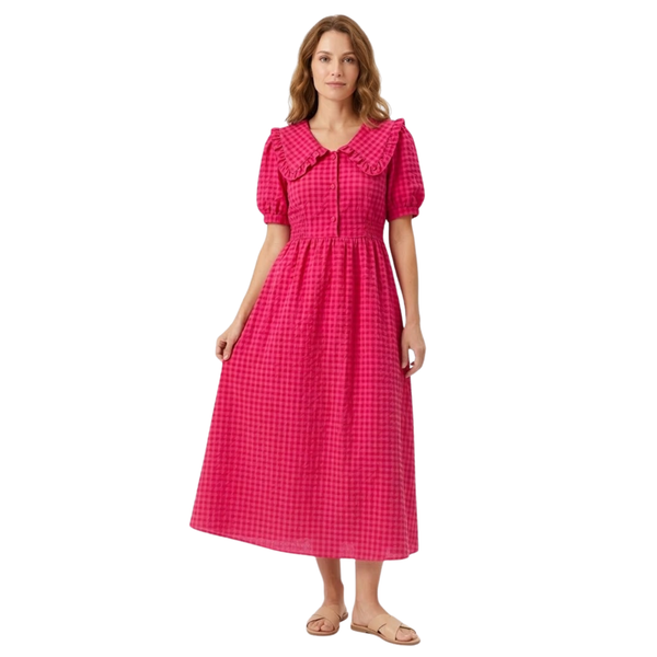 Long Plaid Dress with Peter Pan Collar and Puff Sleeves for Women