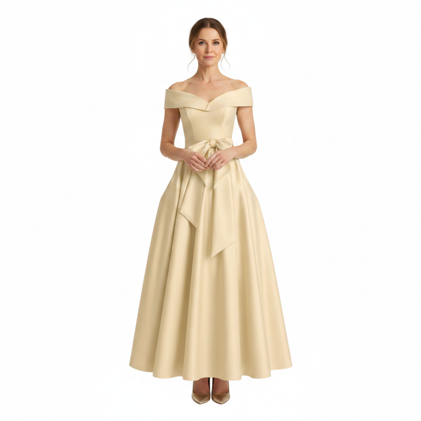Midi Flared Wedding Guest Dress with Off-Shoulder and Waist Bow
