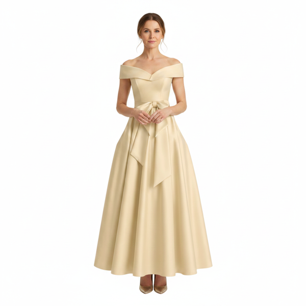 Midi Flared Wedding Guest Dress with Off-Shoulder and Waist Bow