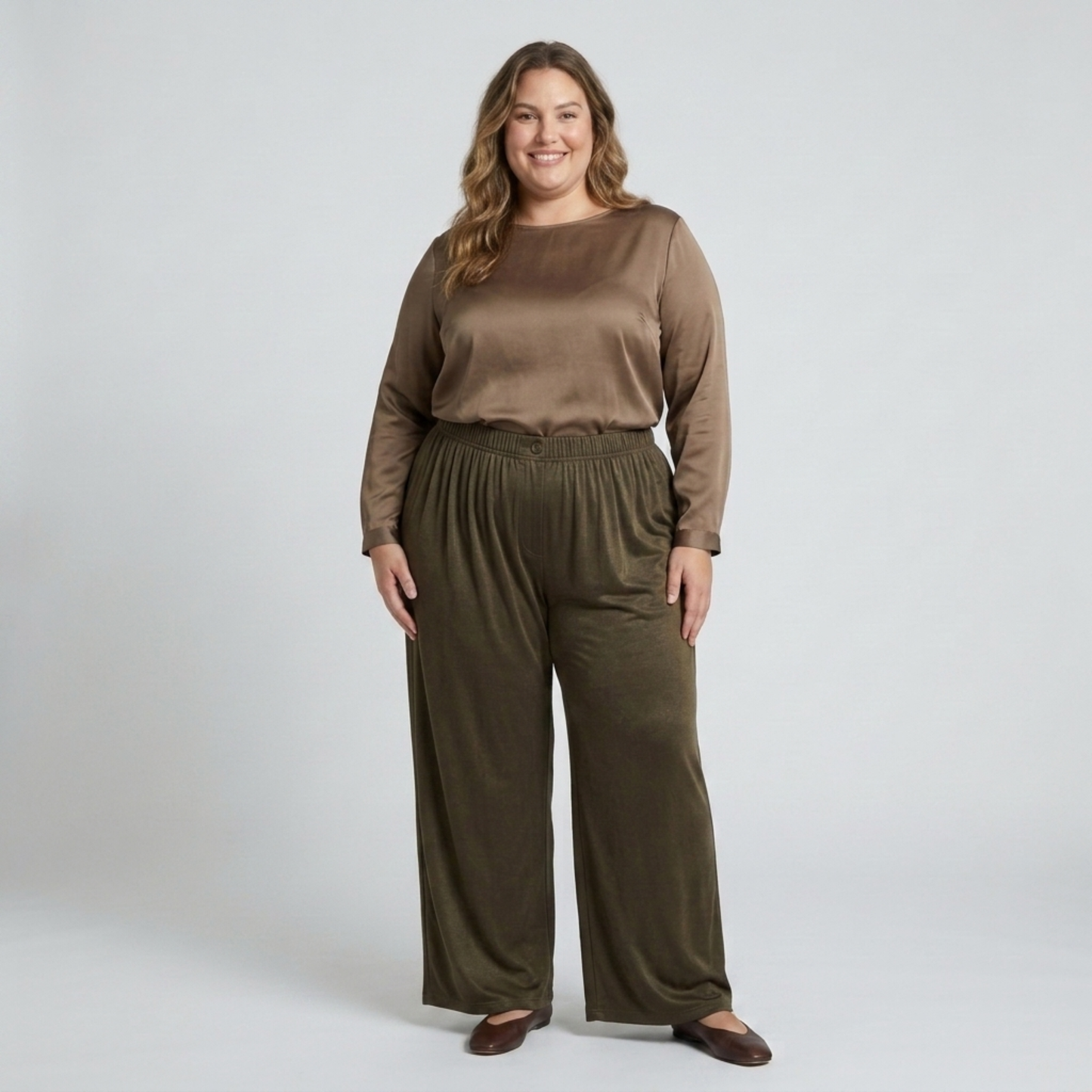 Wide large size pants for women with elastic draped fluid waist