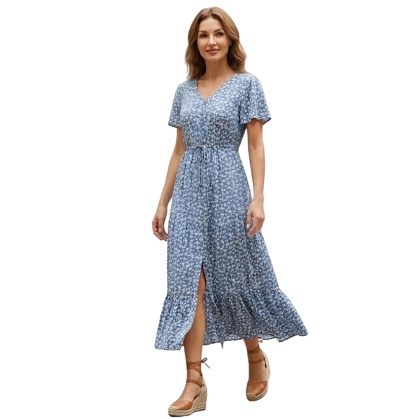 Floral Cotton Long Dress with V-Neck and Front Buttons for Women