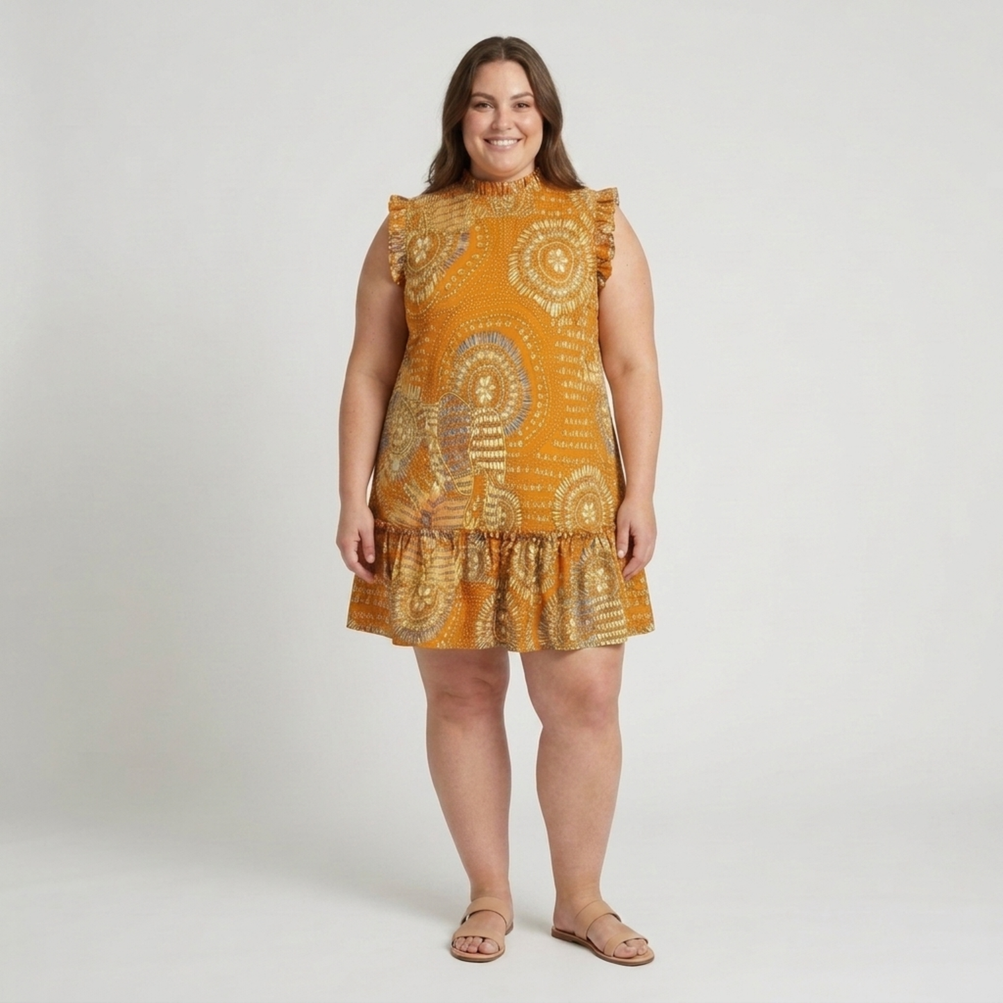 Plus size mid-length dress for women with round neckline and gathered hem
