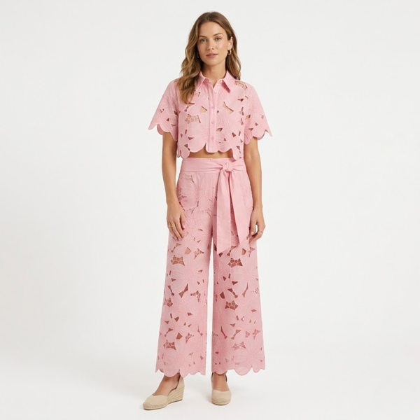 Women's Two-Piece Set with Lace Crop Top and Wide-Leg Pants