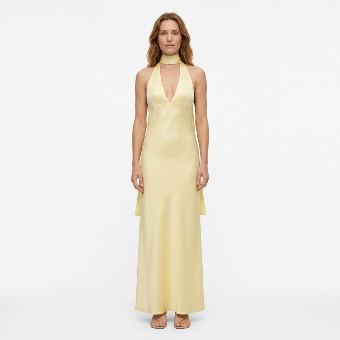Long Evening Dress in Polyester with Deep V-Neck and Open Back for Women