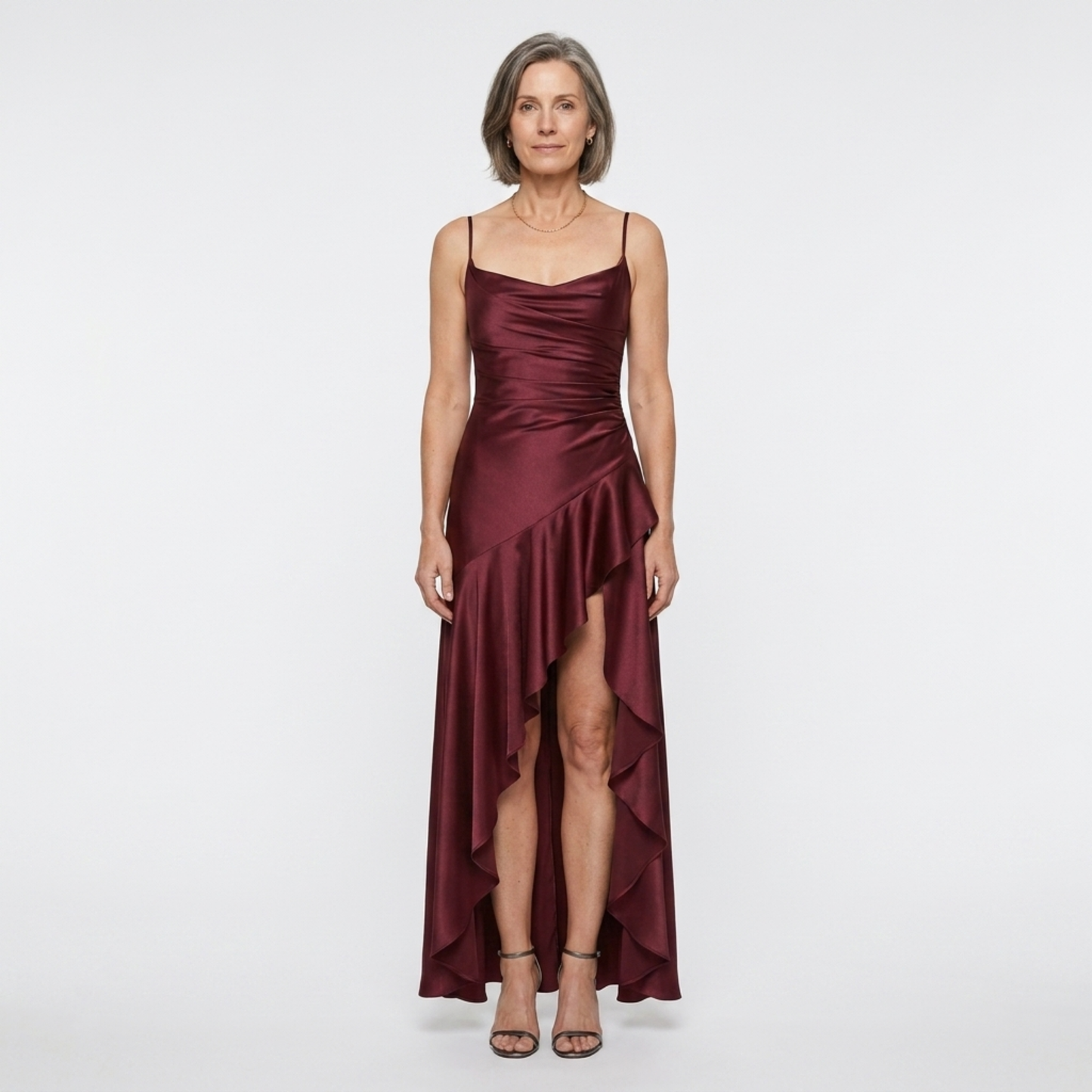 Women's long dress — satin with asymmetrical hem and ruffles | chic evening