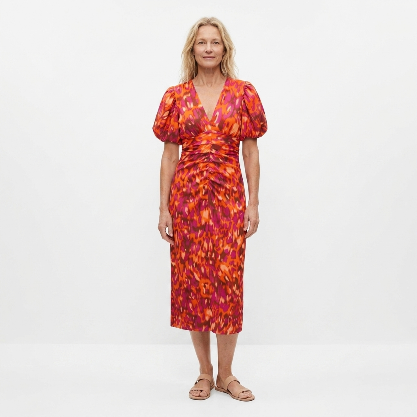 Printed long dress — V-neck and puff sleeves — party