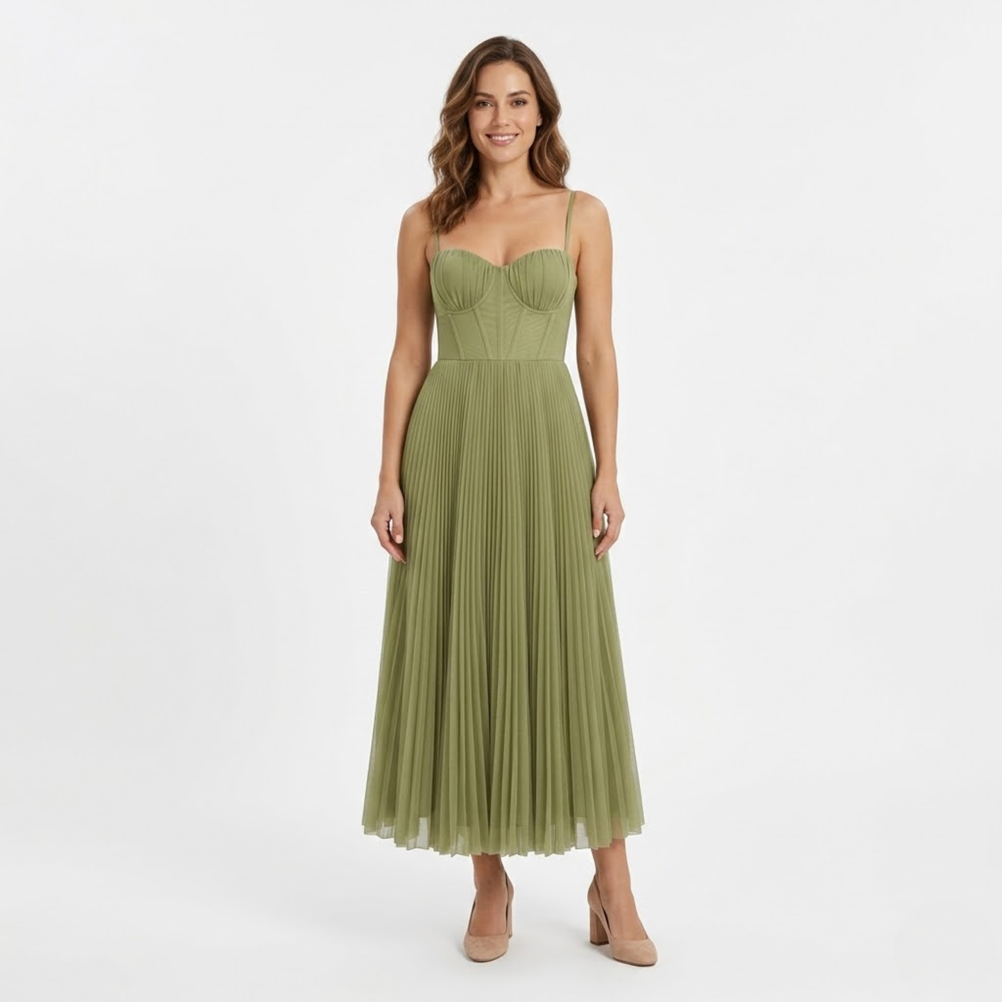 Pleated Long Evening Dress with Strappy Bustier and Back Zipper Closure
