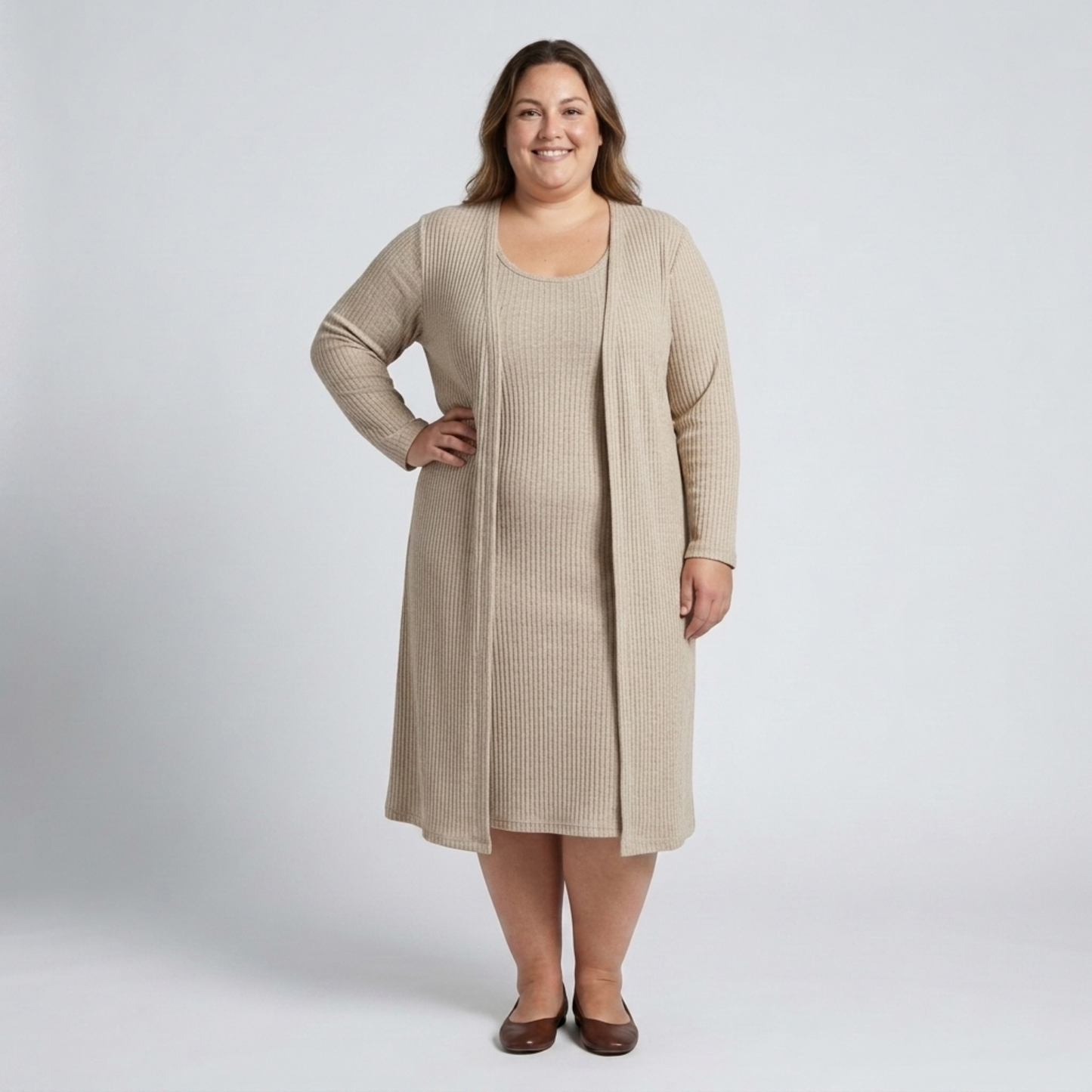 Plus size sleeveless dress and matching long vest in textured knit