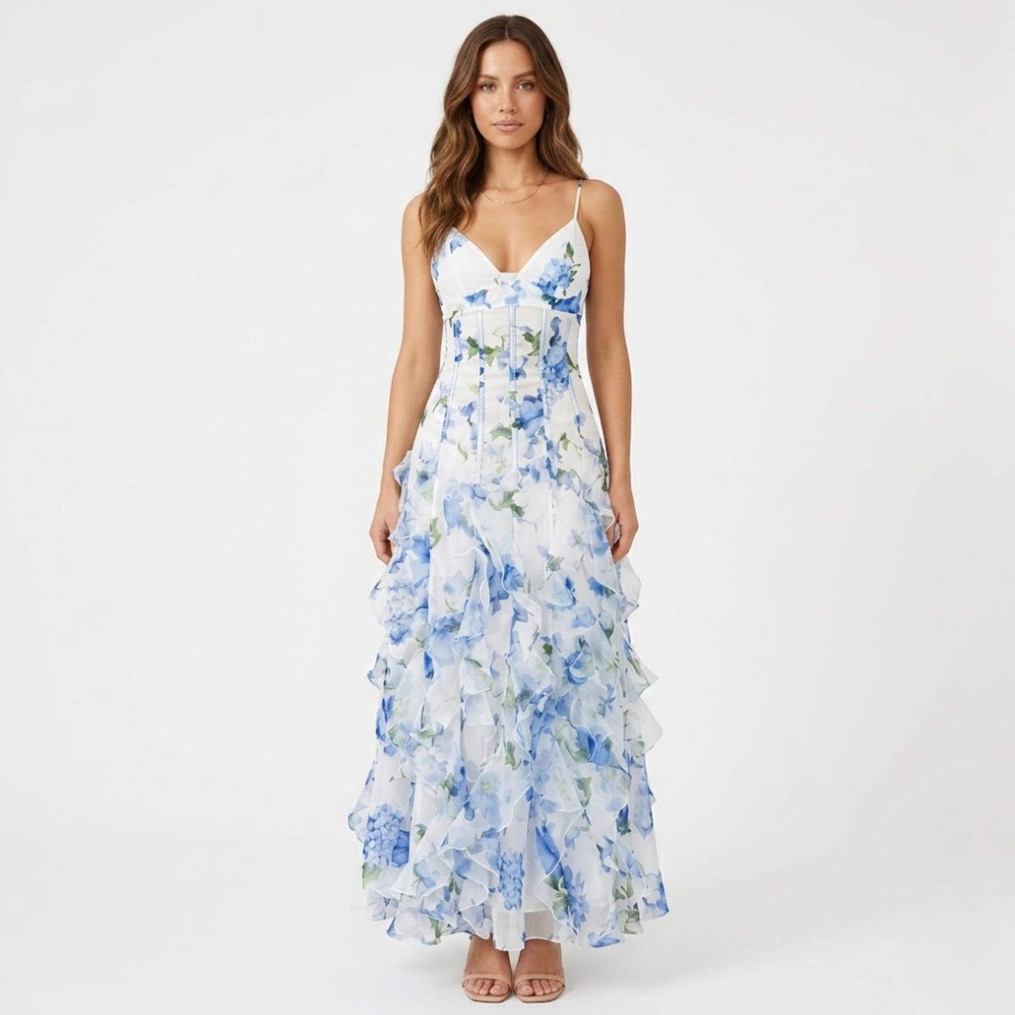 Long Floral Ruffled Dress with Corset Bodice and Thin Straps