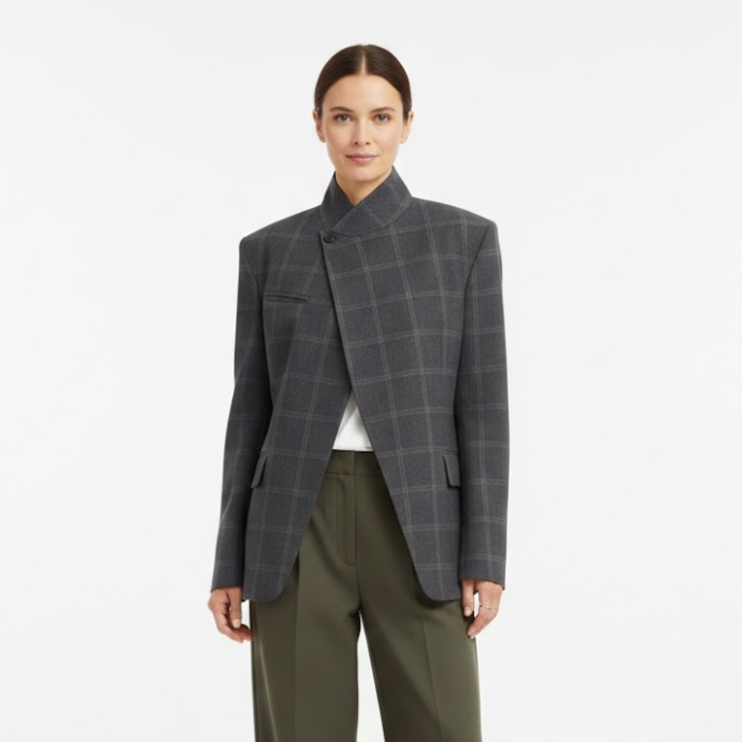 Short jacket with tartan pattern for women with stand-up collar and split sleeves