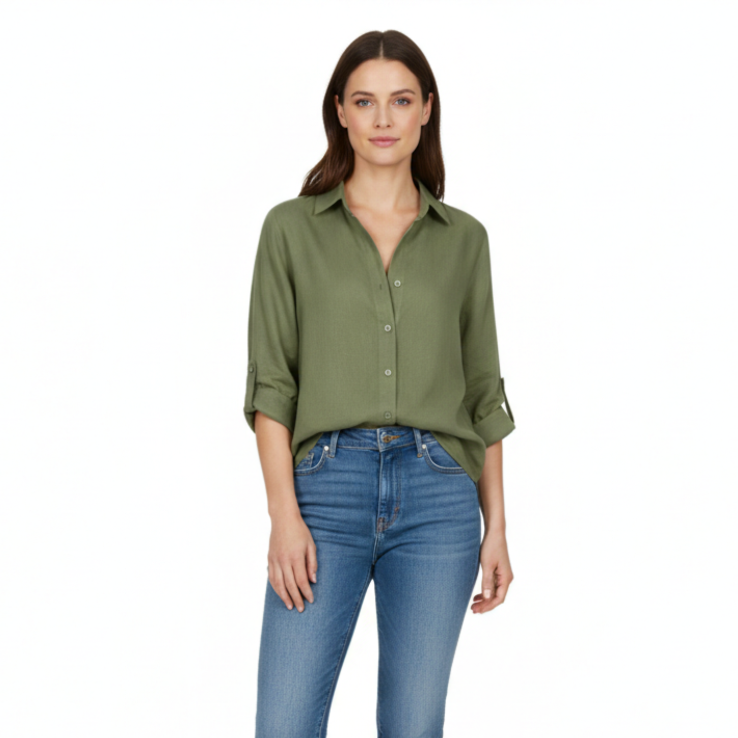Loose casual button-up shirt for women with three-quarter sleeves and split neckline
