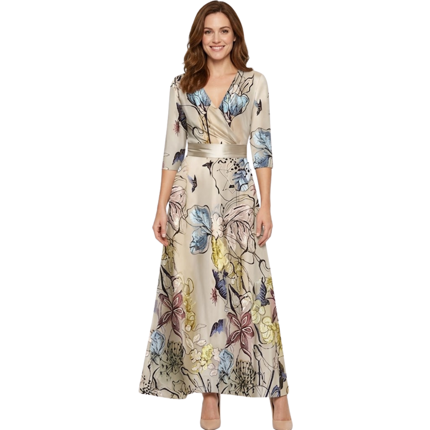 Long Floral Dress with V-Neck, Long Sleeves, and Flowing Fit