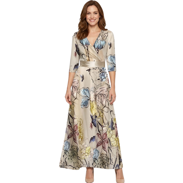 Long Floral Dress with V-Neck, Long Sleeves, and Flowing Fit