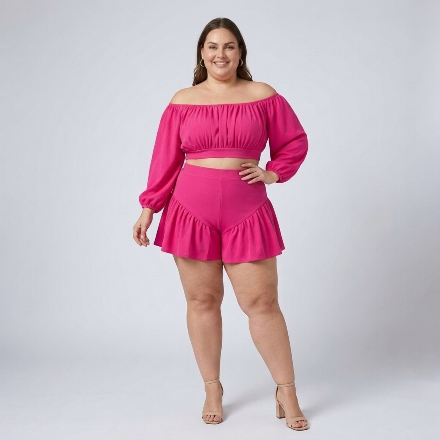 Plus size off-shoulder top and ruffled shorts set