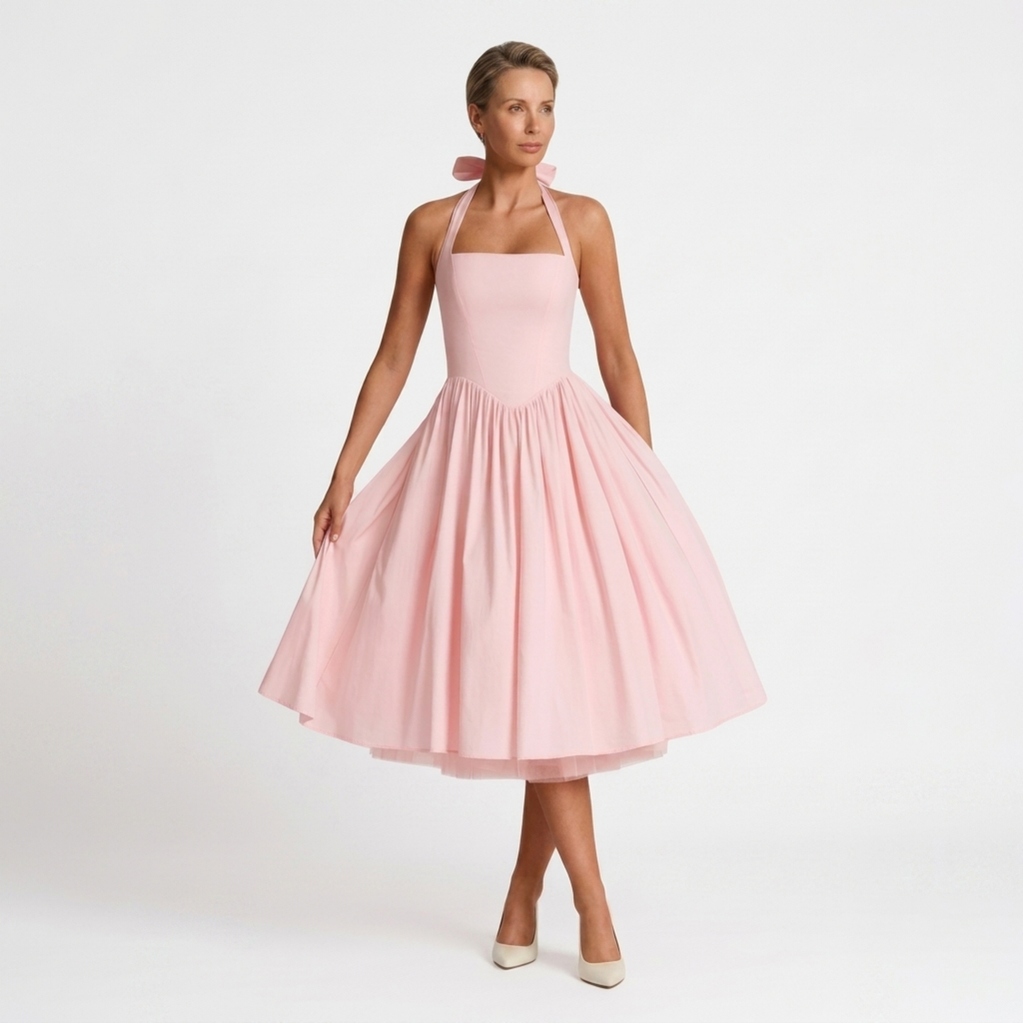 Women's midi halter dress — backless and full skirt — wedding and ceremony