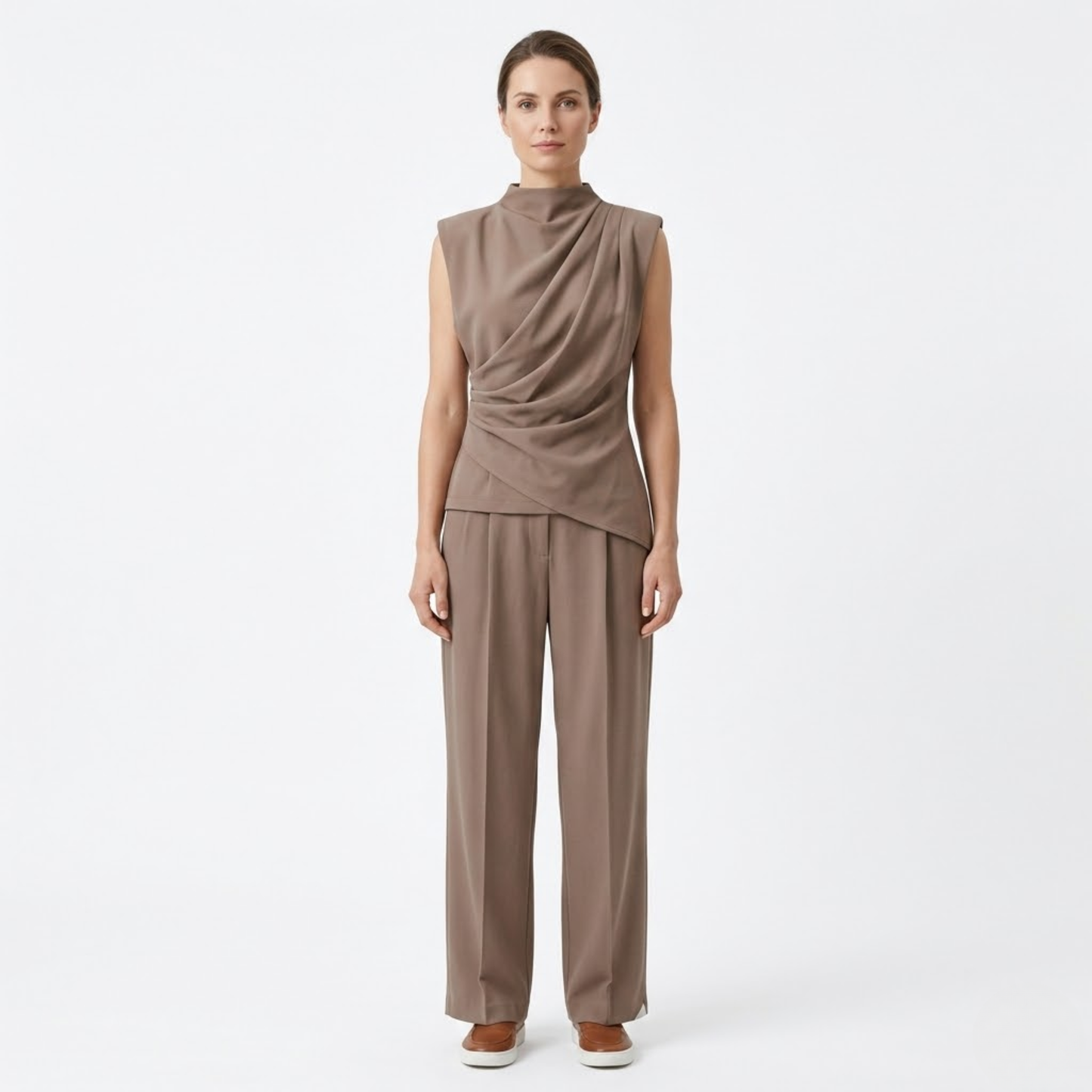 Women's Two-Piece Set with Draped Sleeveless Top and Wide-Leg Flowing Pants