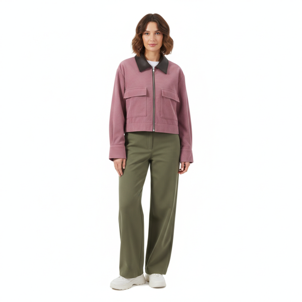 Short Corduroy Jacket with Contrasting Collar and Zipper Closure for Women