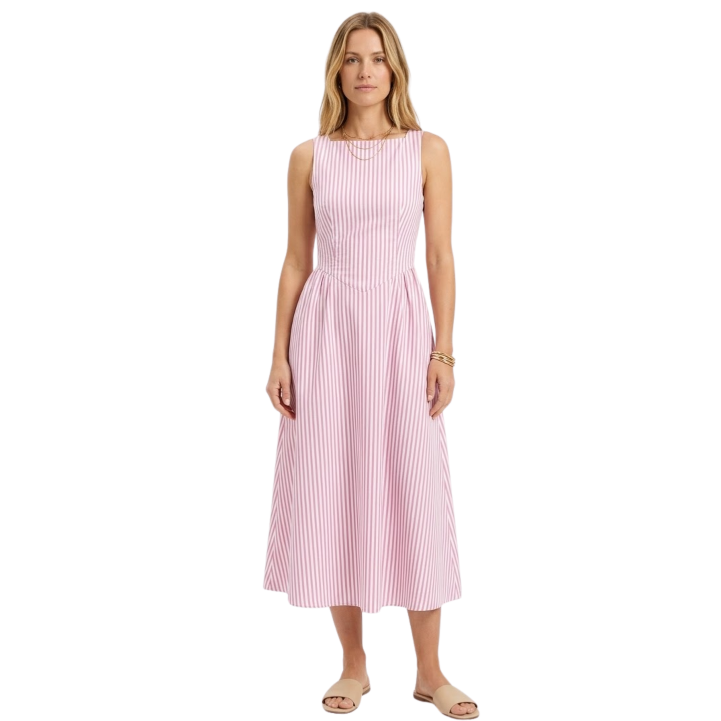 Sleeveless Long Dress with Vertical Stripes and High Collar for Women