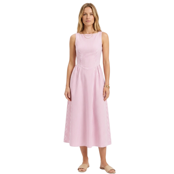 Sleeveless Long Dress with Vertical Stripes and High Collar for Women