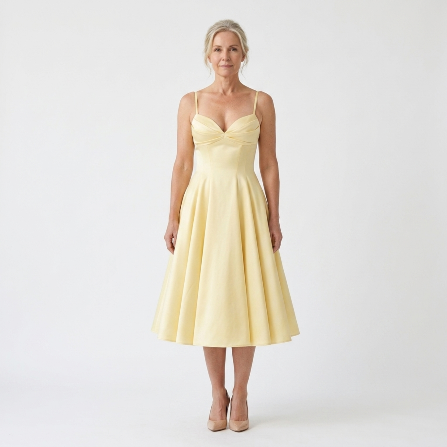 Mid-length day dress — stretch cotton and full skirt with pockets