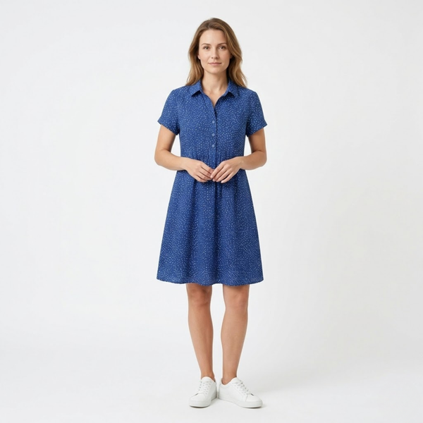 Mid-Length Printed Summer Dress with Round Neck and Short Sleeves in Polyester for Women